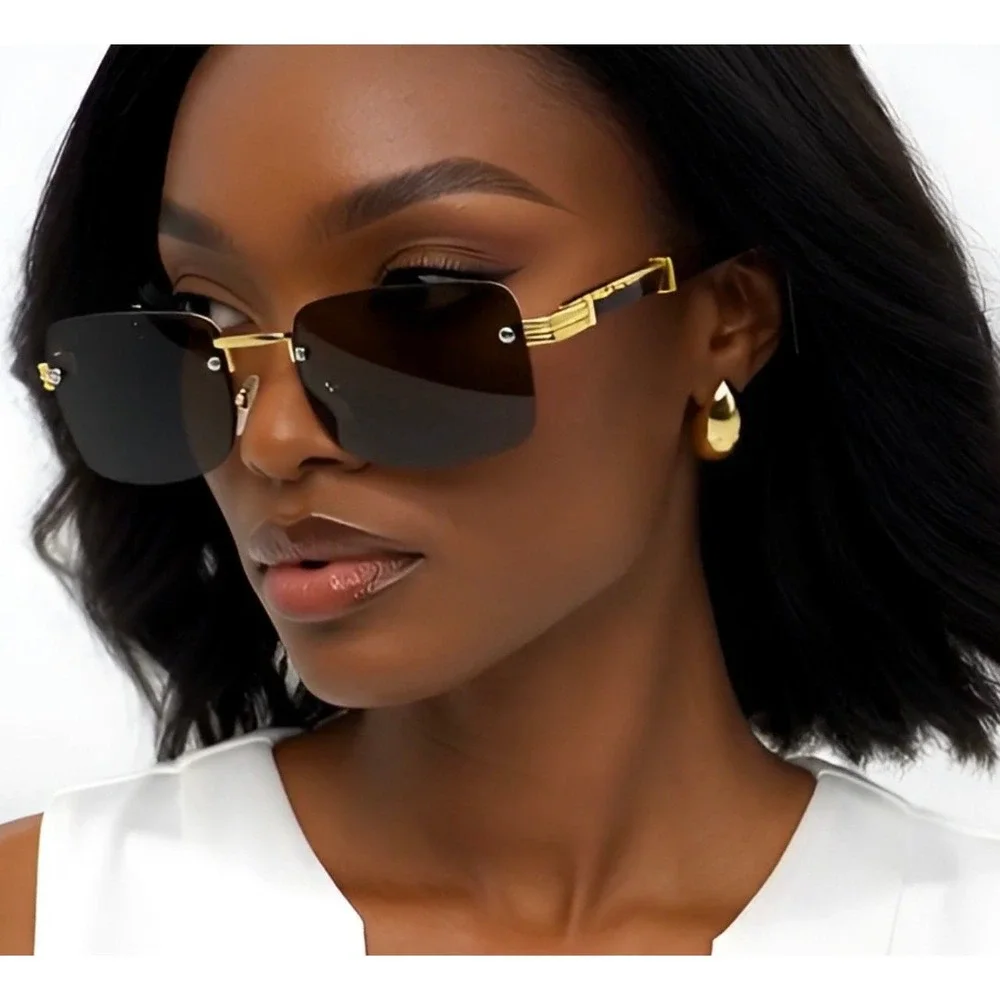 Women‎ Luxury Trendy Classy Gem Cut Brown Tint Gold Frame Rectangle Sunglasses